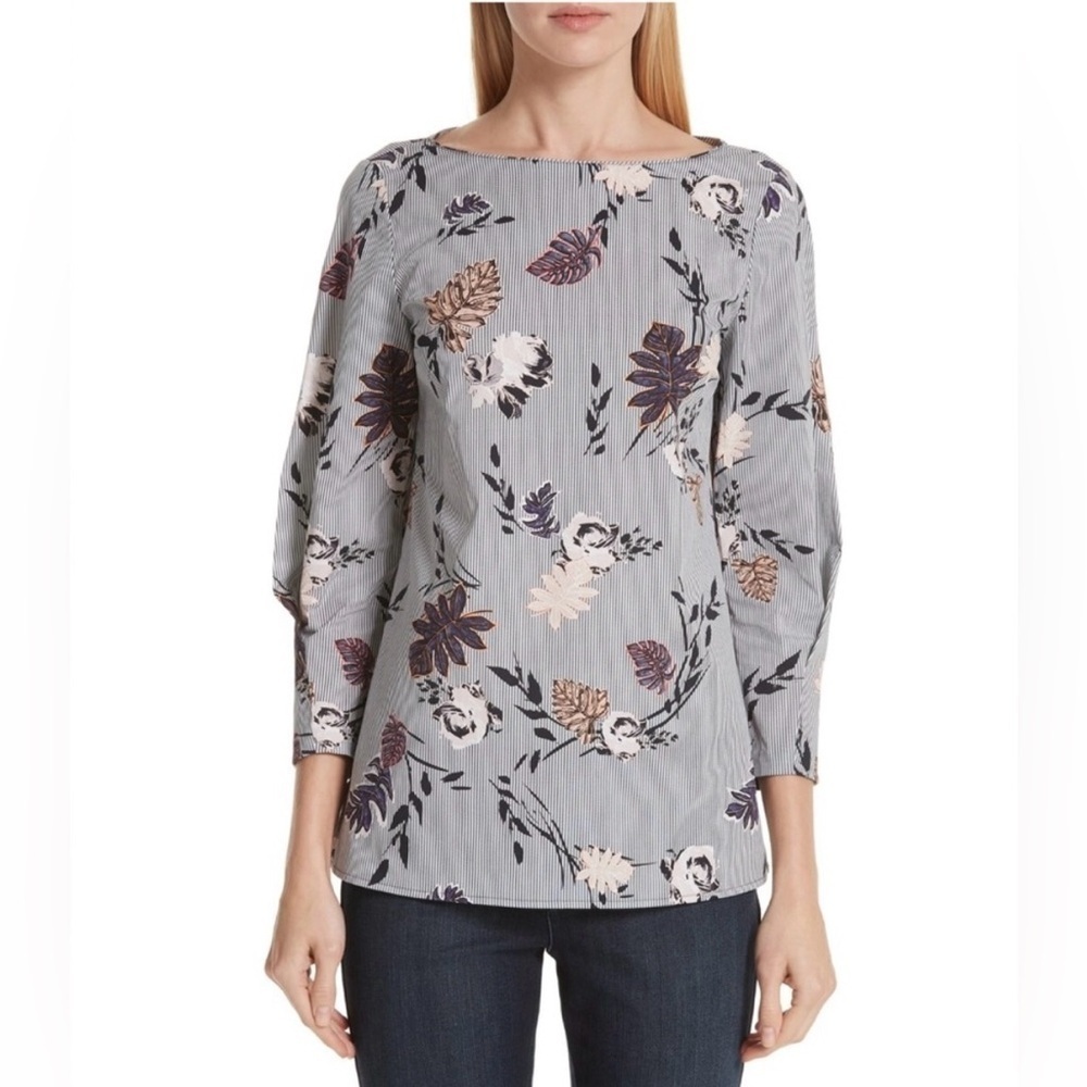 Lafayette 148 New York Stretch Cotton Caddie Blouse - Stripes/Floral - Size 4